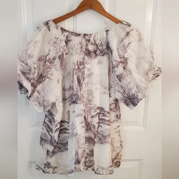 Umgee Cream And Grey Toile Print Puff Sleeve Top - Picture 7 of 7
